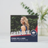 モダン赤白青 |写真大学院卒業 招待状 (スタンド正面)