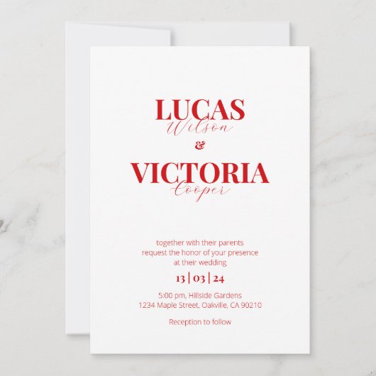 モダン赤結婚色 招待状 (正面)