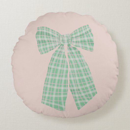 モダン赤面かわいらしジンガムロマンチックなコケットボウ ラウンドクッション (正面)