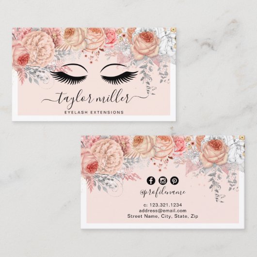 モダン赤面かわいらしピンクフローラまつげ 名刺 (正面/裏面)