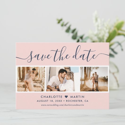 モダン赤面とネイビー結婚ブルーの4枚の写真 セーブザデート (スタンド正面)