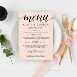 モダン赤面とブラックスクリプ結婚ト メニュー<br><div class="desc">シックな赤面ピンクモダンのメニューカードはスタイリッシュ、書のスクリプトのアクセントとエレガント文字を備えた黒いタイポグラフィックデザインを備えています結婚と、おいしいディナーメニュー詳細と新郎新婦の名前と日付のモノグラムを持つことができる</div>