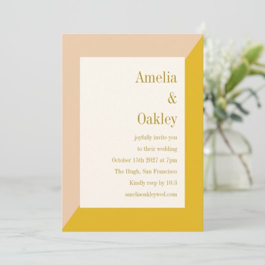 モダン赤面と黄エレガント幾何結婚図形 招待状 (スタンド正面)