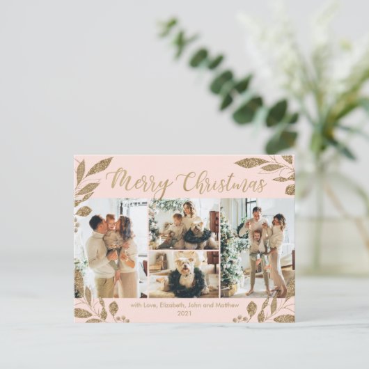 モダン赤面の離れ金ゴールド写真コラージクリスマス ポストカード (スタンド正面)