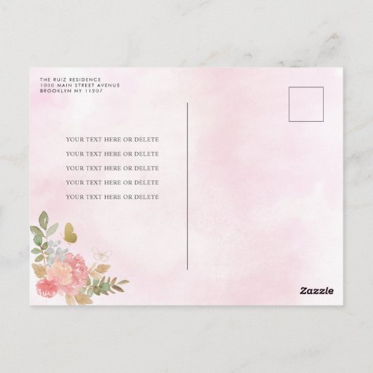 モダン赤面ピガーリーンクフローラ金ゴールドキンセアニラ ポストカード (裏面)