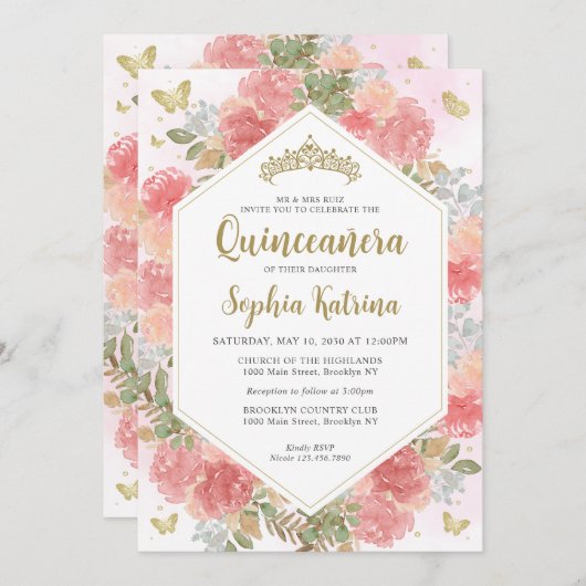 モダン赤面ピガーリーンクフローラ金ゴールドキンセアニラ 招待状 (正面/裏面)