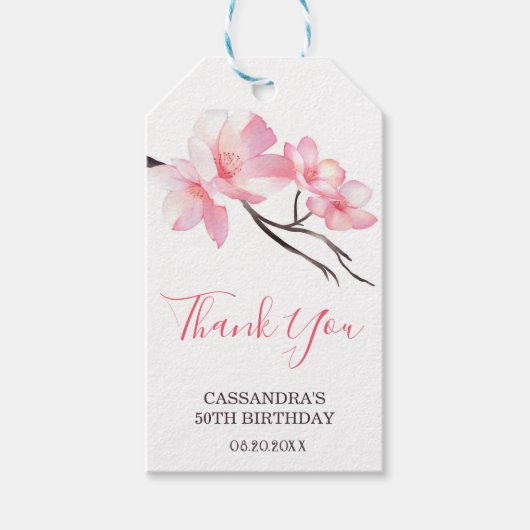 モダン赤面ピンクさくらんぼブロッサムフローラ誕生日 ギフトタグ (正面)