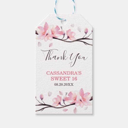モダン赤面ピンクさくらんぼブロッサム桜誕生日 ギフトタグ (正面)