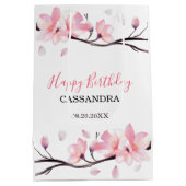 モダン赤面ピンクさくらんぼブロッサム桜誕生日 ミディアムペーパーバッグ (裏面)