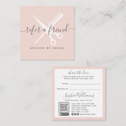 モダン赤面ピンクのハサミのスクリプトは友人を参照 紹介カード (正面/裏面)