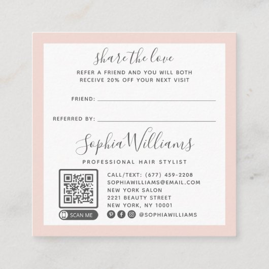 モダン赤面ピンクのハサミのスクリプトは友人を参照 紹介カード (裏面)