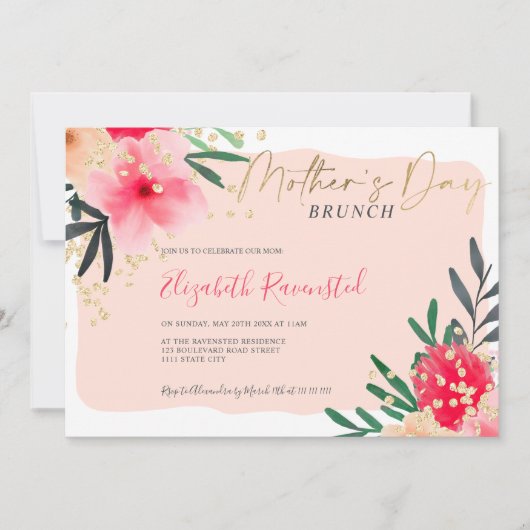 モダン赤面ピンクのフローラガーリー金ゴールド母の日 招待状 (正面)