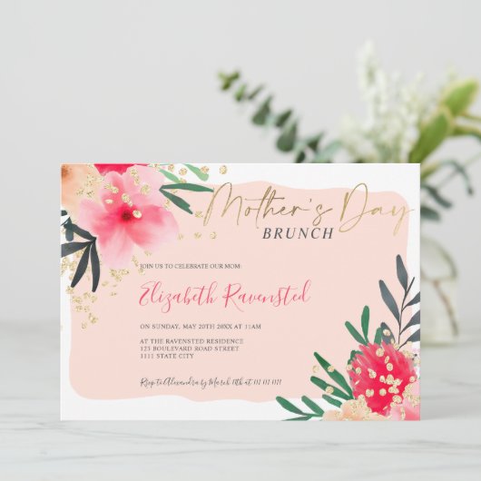 モダン赤面ピンクのフローラガーリー金ゴールド母の日 招待状 (スタンド正面)