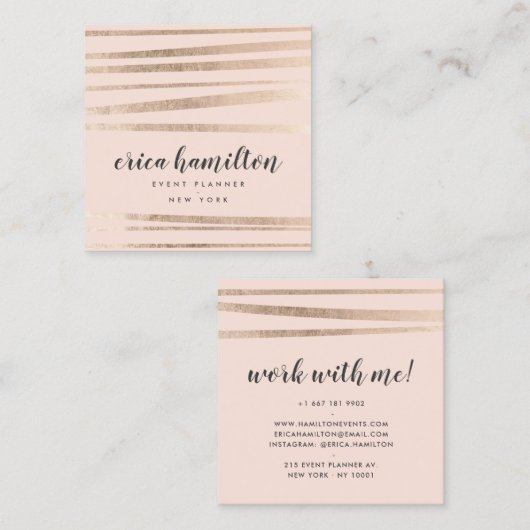 モダン赤面ピンクのローズ金ゴールドフォイル幾何ストライプ スクエア名刺 (正面/裏面)