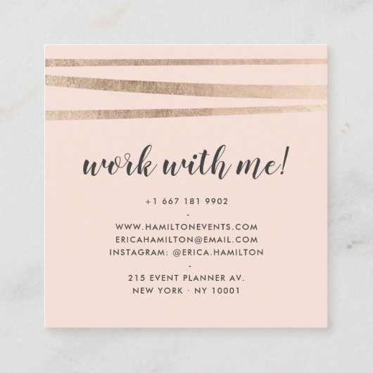 モダン赤面ピンクのローズ金ゴールドフォイル幾何ストライプ スクエア名刺 (裏面)