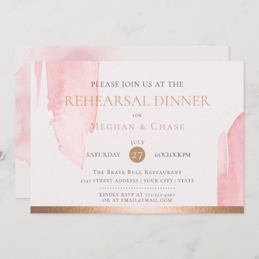 モダン赤面ピンクの水彩ブラシストローク 招待状 (正面/裏面)