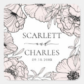 モダン赤面ピンクの花結婚のシール スクエアシール (正面)