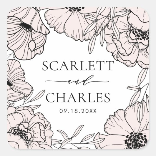モダン赤面ピンクの花結婚のシール スクエアシール (正面)