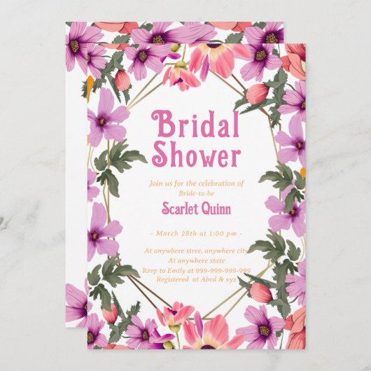 モダン赤面ピンクの野の花#4ブライダルシャワー 招待状 (正面/裏面)