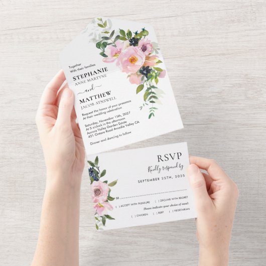 モダン赤面ピンクウォーター色フローラ結婚ズ オールインワン招待状 (貼ってはがせる)