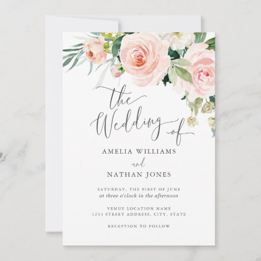 モダン赤面ピンクウォーター色フローラ結婚ズ 招待状 (正面)