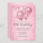 モダン赤面ピンクグリッタースパークルバルーン誕生日 招待状 (正面/裏面)
