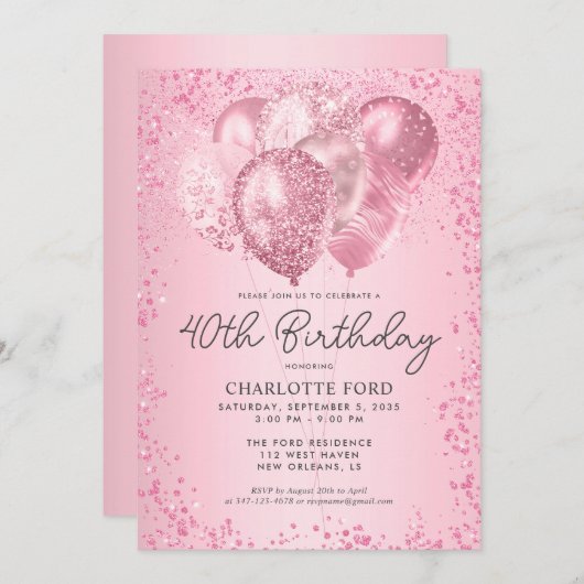 モダン赤面ピンクグリッタースパークルバルーン誕生日 招待状 (正面/裏面)