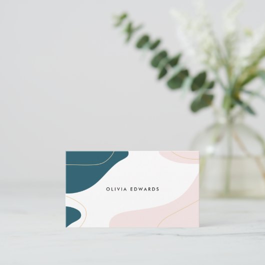 モダン赤面ピンクティール(緑がかった色)白抽象芸術筆 名刺 (スタンド正面)
