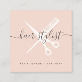 モダン赤面ピンクハサミブランディング美容師 スクエア名刺