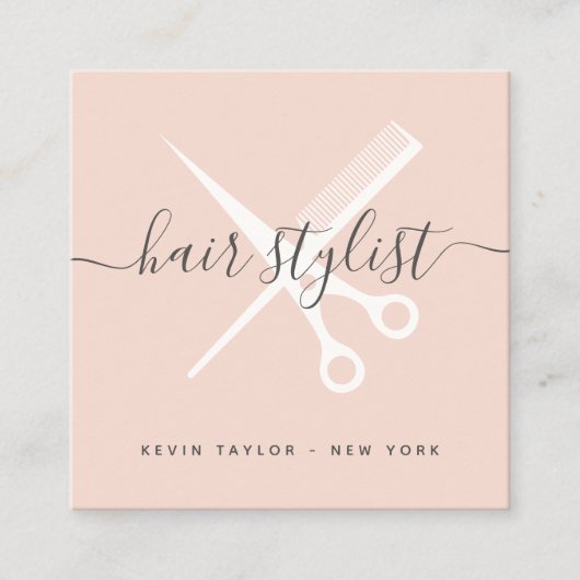 モダン赤面ピンクハサミブランディング美容師 スクエア名刺 (正面)