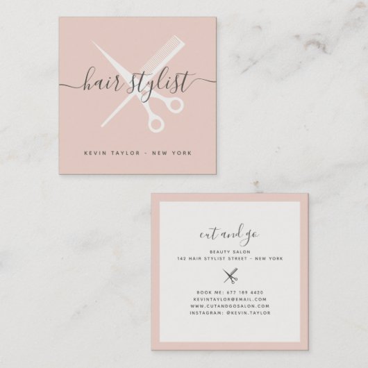 モダン赤面ピンクハサミブランディング美容師 スクエア名刺 (正面/裏面)