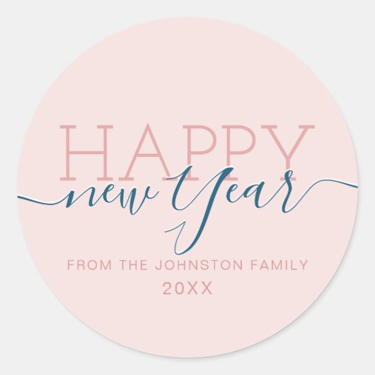 モダン赤面ピンクハッピーニューイヤー ラウンドシール (正面)