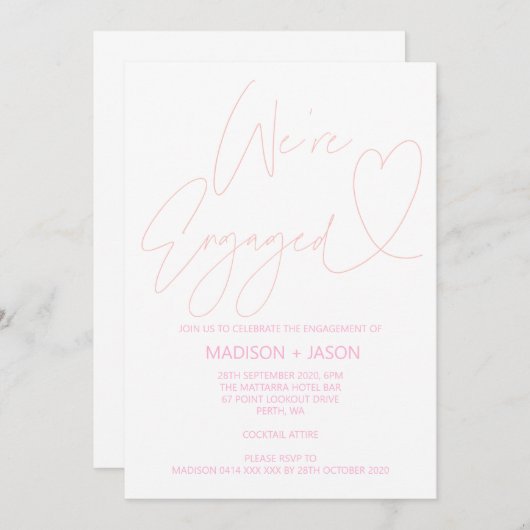 モダン赤面ピンクハート婚約パーティ招待状 招待状 (正面/裏面)