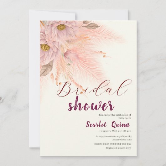 モダン赤面ピンクパンパスグラスブライダルシャワー 招待状 (正面)