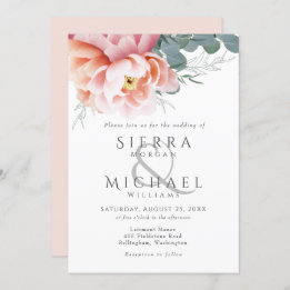 モダン赤面ピンクピーチピーニーフローラ結婚ズ 招待状