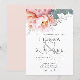 モダン赤面ピンクピーチピーニーフローラ結婚ズ 招待状