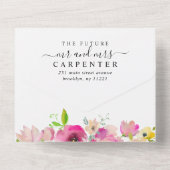 モダン赤面ピンクピーチフローラウォーター結婚カラー オールインワン招待状 (裏面)