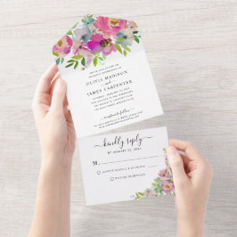 モダン赤面ピンクピーチフローラウォーター結婚カラー オールインワン招待状