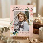 モダン赤面ピンクフローラ写真卒業パーティー 招待状