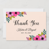 モダン赤面ピンクミニマルフローラ結婚ズ サンキューカード (正面)