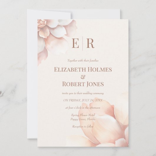 モダン赤面ピンクムース花びらモノグラム結婚ズ 招待状 (正面)