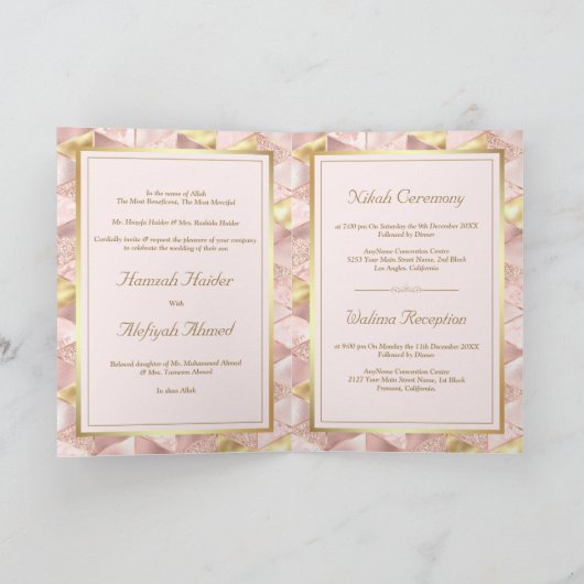 モダン赤面ピンク幾何学六角ムスリム結婚ズ 招待状 (内部)