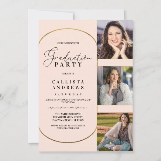 モダン赤面ピンク幾何学写真卒業 招待状 (裏面)