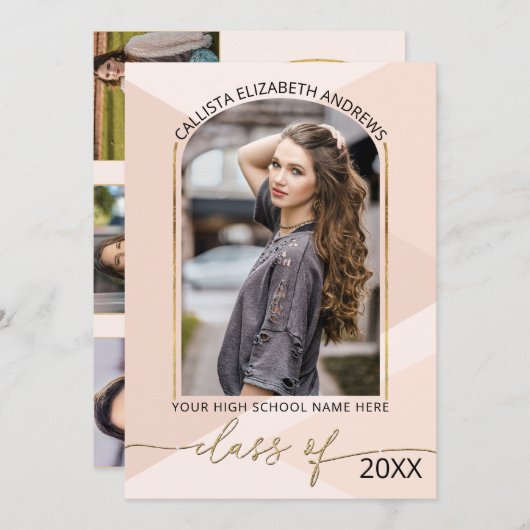 モダン赤面ピンク幾何学写真卒業 案内状 (正面/裏面)