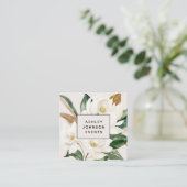 モダン赤面ピンク水色フローラフェミニン スクエア名刺 (スタンド正面)