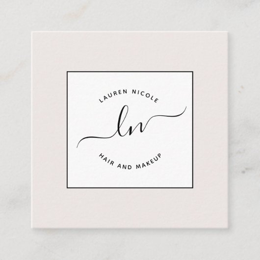 モダン赤面ピンク白と黒のスクリプトイニシャル スクエア名刺 (正面)