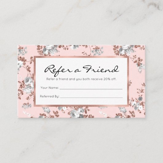 モダン赤面ピンク白バラ金ゴールドグリッターフローラ 紹介カード (正面)