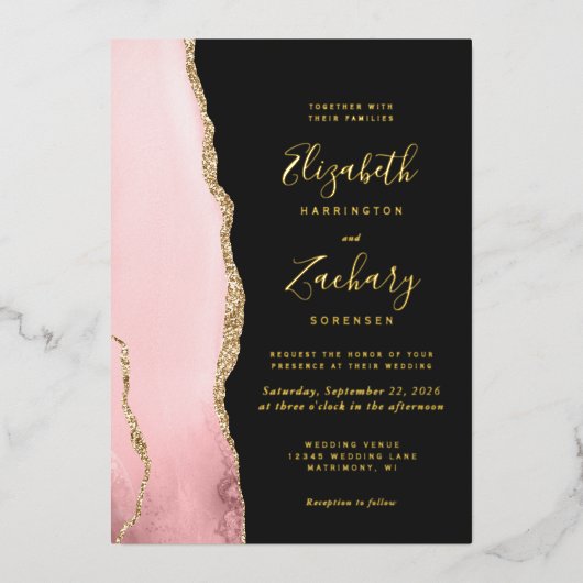 モダン赤面ピンク金ゴールドアガートダーク結婚ズ 箔招待状 (正面)