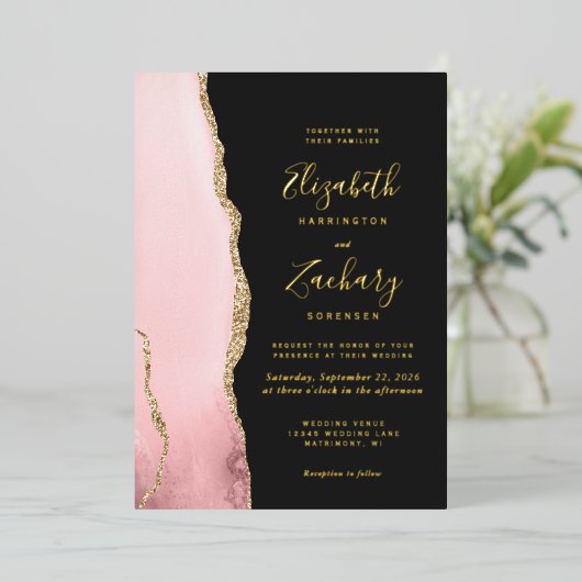 モダン赤面ピンク金ゴールドアガートダーク結婚ズ 箔招待状 (立ち正面)