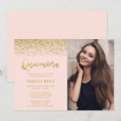 モダン赤面ピンク金ゴールドグリッターキンセアニェラ写真 招待状 (正面/裏面)